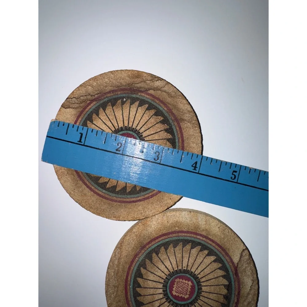 Southwestern Stone Coasters Set of 2 Round Geometric Sunburst Cork Back 4 Inch